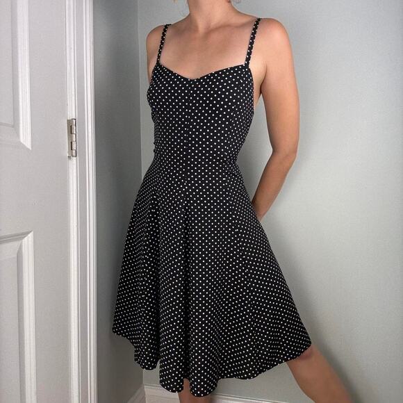 Black white polka dot midi dress vintage with spaghetti straps a-line - Picture 3 of 8
